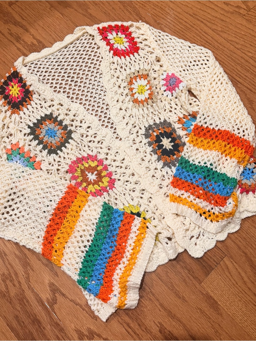 BOHO | Hand-Crocheted Cream Multi-Color Cardigan